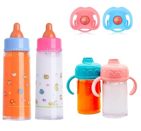 JINJUMEI 4 Piezas Biberones Mágicos para Muñeca, 2 Piezas Chupete para Muñecas, Botella mágica, Simulación de Alimentación Juguete, Ideal para Niños Partir de 3 Años