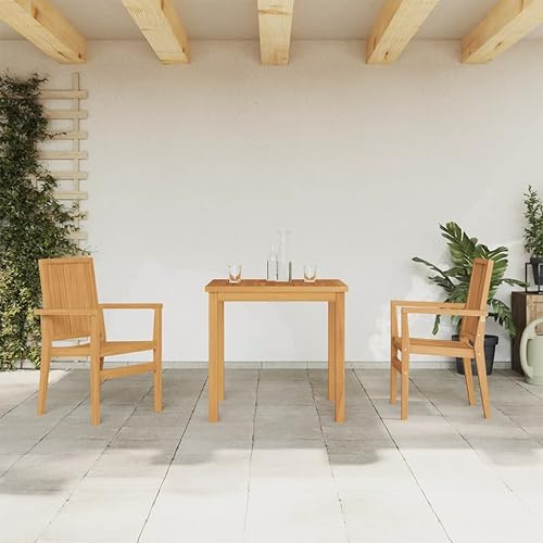 QJBSAVVA Gruppo da pranzo da 3 pezzi in teak massiccio, 80 x 80 x 77 cm, impilabili da giardino con bracciolo, robusto tavolo da giardino per balcone, terrazza e piccoli spazi esterni