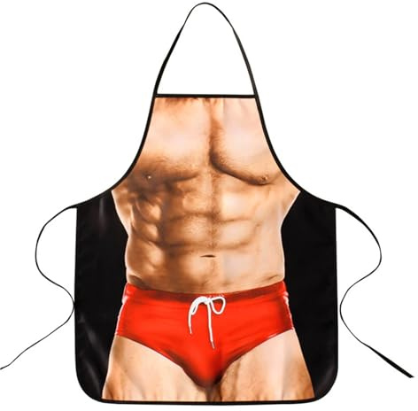SNXCEUG Funny Muscle Man Novelty Apron for Men, Sexy Red Cooking Pinny, Creative Kitchen Gift for Dad, Husband and Boyfriend, BBQ Grilling Accessory