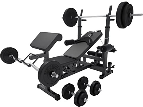 GORILLA SPORTS® Panca Multifunzione - Con Set di Pesi 100kg, Schienale Regolabile, Porta bilanciere, Stazione Butterfly, Carico Massimo 280kg, Bianco o Nero - Panca Pesi, Stazione Palestra, Fitness