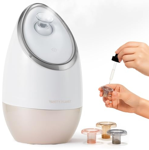 Vanity Planet Aira Ionic Facial Steamer - Face Steamer for Facial Deep Cleaning, Moisturizing - Steamer for Face with Adjustable Nozzle, Water Tank and 3 Essential Oil Baskets (Beige)