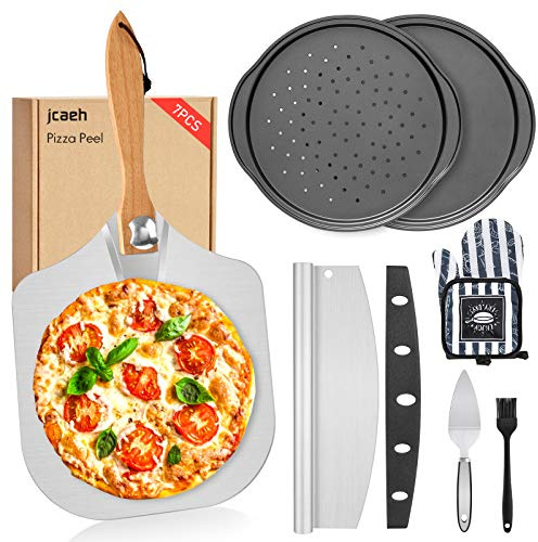 Pizza Peel Pizza Pan Set, 7Pcs Pizza Oven Accessories, 12 Inch Metal Paddle (12x 14) with Foldable Wooden Handle, 2 Pizza Pans, Rocker Cutter, Pizza Server, Oven Mitts, Oil Brush
