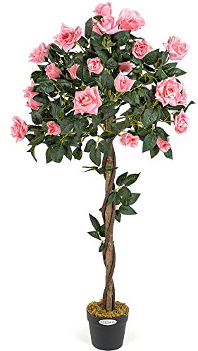Christow Artificial Rose Tree Pink Flowers Twisted Wooden Trunk Potted Indoor Outdoor 4ft
