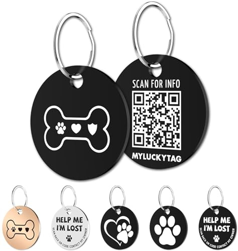 MYLUCKYTAG Stainless Steel QR Code Pet ID Tags Dog Tags - Pet Online Profile - Scan QR Receive Instant Pet Location Alert Email