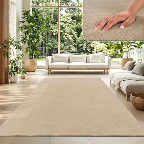TT Home Wohnzimmer Teppich Kurzflor Anti-Rutsch Rückseite Unifarben Modern Waschbar, Farbe: Dunkelbeige, Größe:200x280 cm