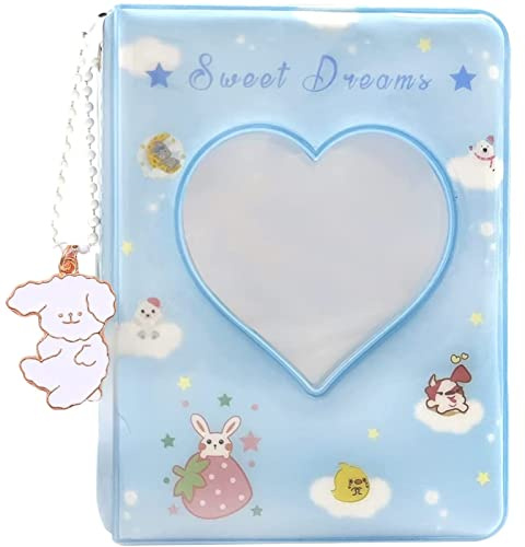 runrayay 3 Inch Blue Kpop Photocard Binder Holder Book, Mini Photo Album Holder, Love Heart Hollow Business ID Card 40 Pockets with Lovely Pendant for Photo Collection