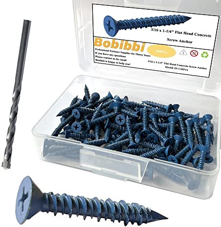 Bobibbi 3/16 x 1-1/4 Flat Head Concrete Screw Anchor, for Anchoring to Masonry, Block or Brick (100Pcs)