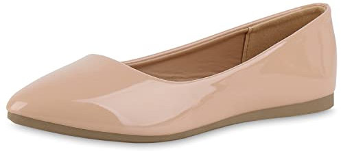 VAN HILL Damen Klassische Ballerinas Lack Schuhe Slippers Flache Slip On Abendschuhe Leder-Optik Freizeit Schlupfschuhe 211150 Beige Lack 41