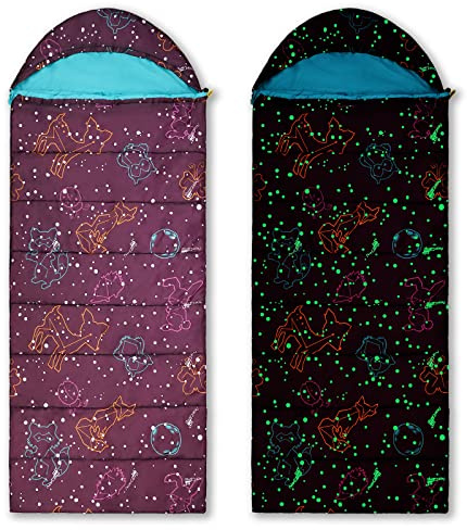 AceCamp Kids Sleeping Bag, Glow-in-The-Dark Sleeping Bag for Kids and Youth, Portable Water-Resistant Kids Sleeping Bag, Temp Rating 30F/ -1℃, for Camping, Hiking, Slumber Party (Kids,Purple)