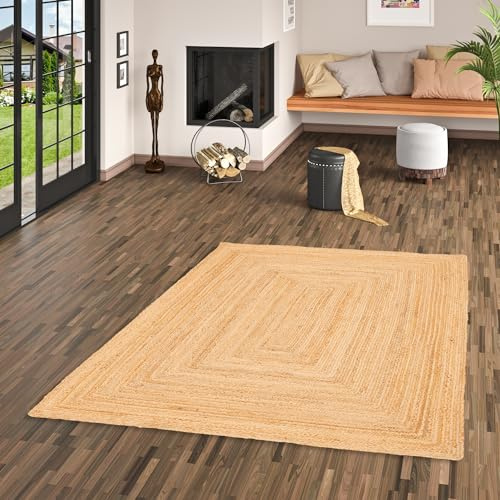 Pergamon Jute Teppich Salsa Bordüre Beige - Handgefertigt aus strapazierfähiger Naturfaser - Schlichtes Design Beige - Verschiedene Größen und Formen verfügbar