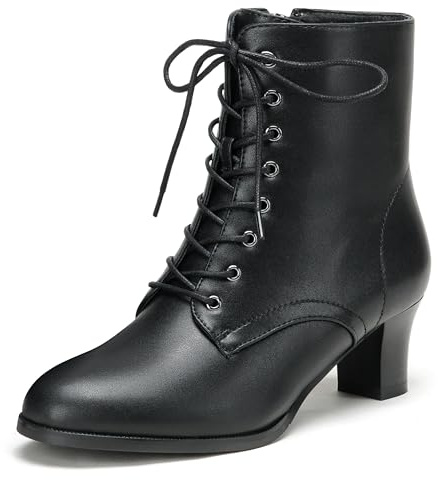 COOLCEPT Damen Vintage Viktorianisch Stiefel Schnüren Blockabsatz Ankle Stiefel 70s Steampunk Stiefeletten Reißverschluss Black Große 37