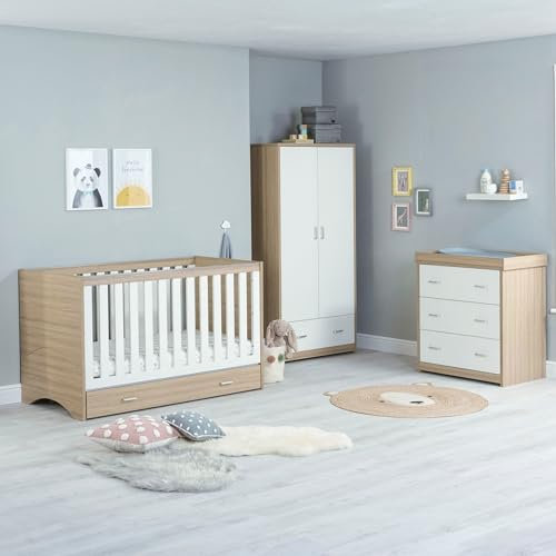 Babymore Veni 3 Piece Nursery Room Set with Drawer Oak White - 1 Drawer Under Baby Cot Bed & One 2 Door Wardrobe Having Full Size Compartment & 1 Chest Changer, Wooden Chest Of Storage Cabinet