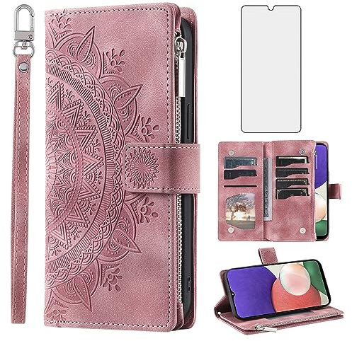 Asuwish Phone Case for Samsung Galaxy A22 5G/Boost Mobile Celero 5G Wallet Cover With Tempered Glass Screen Protector Mandala Flower Flip Zipper Card Holder Cell Celero5G A 22 22A A22s G5 Rose Gold