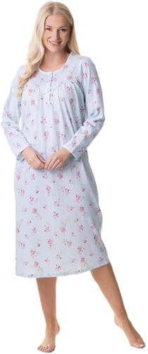 Camille Long-Sleeved 100% Cotton Nighties for Women – Soft Floral Print Nightdress with Button Fastening – Elegant Round Neck Ladies Nightwear 18-20 Blue