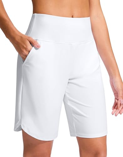 G Gradual Women's 9 Long Swim Board Shorts High Waisted Quick Dry Beach Swimming Shorts for Women with Pockets Liner(White,M)