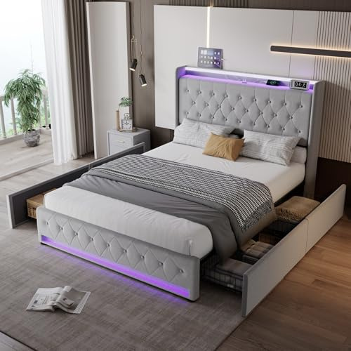BTM Upholstered Double Bed with 4 Drawers, Soft Headboard, Light strips and Charging Socket, Velvet Doule Bed with Storage, 135x190cm, Grey(No Mattress)