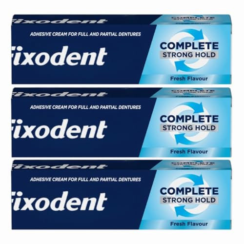 Fixodent - Crema adesiva completa per protesi dentarie, 47 g x 3, aroma menta fresca, tenuta e comfort per tutto il giorno, forte tenuta per protesi complete e parziali, con biglietto di