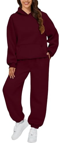 Tracksuit Womens Full Set Oversized 2 Piece Outfits Long Sleeve Hoodie and Sweatpants Women Lounge Wear Sets Fashion Sweatsuits Jogger Sweatshirts Loose Loungewear Gym Fitness Activewear Wine #1 XL