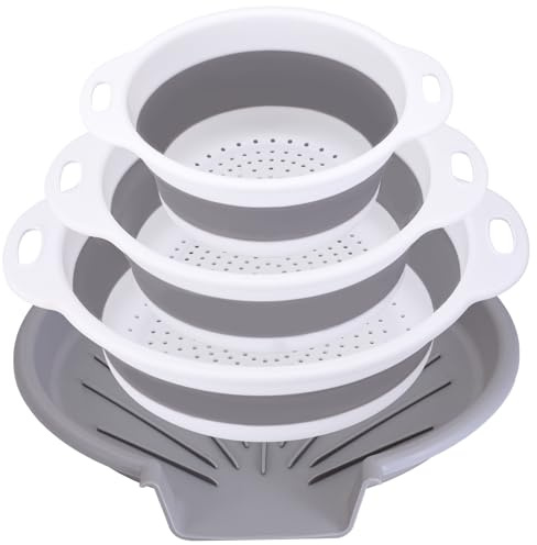 Cluren Collapsible Colander Set with Oversized Draining Tray | 3-Pack Foldable Kitchen Strainers + Base | Space Saving for Pasta, Veggies, Fruit & Rice | 5 Colors (Gray-White)