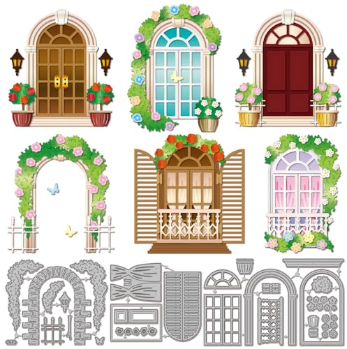 GLOBLELAND Flower Arch Door Cutting Dies Window Metal Die Cuts Brick Wall Cutting Embossing Templates for Scrapbooking Crafts Paper Cards Making
