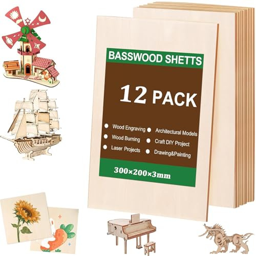 12 Pezzi Legno Compensato A4, 300 x 200 mm, legno di tiglio, Tavola di legno Compensato, Fogli di Legno di Balsa Sottili Pannelli Multistrati, per modellismo, fai da te, taglio laser, pirografia