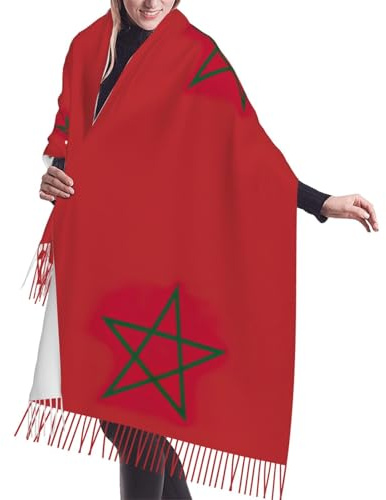 JEJEA Châle à franges en faux cachemire imprimé drapeau du Maroc – Écharpe d'hiver chaude pour femme, douce et confortable pour temps froid