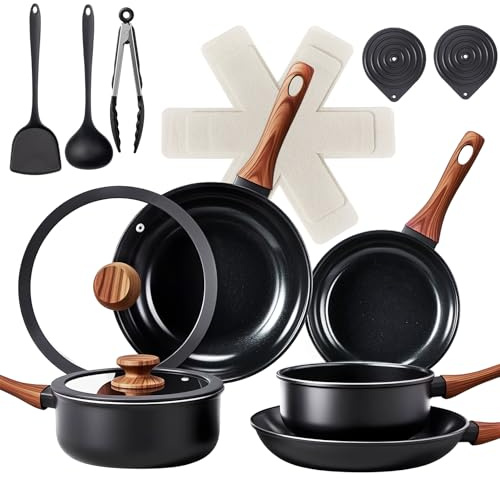 LEADZM Keramik Topfset Induktion，Pfannenset，Kochtopf Set mit Deckel，Induktions Töpfe Set，17-Teilig，Alle Herde kompatibel, PFOS/PFOA frei（Noir+Natur）