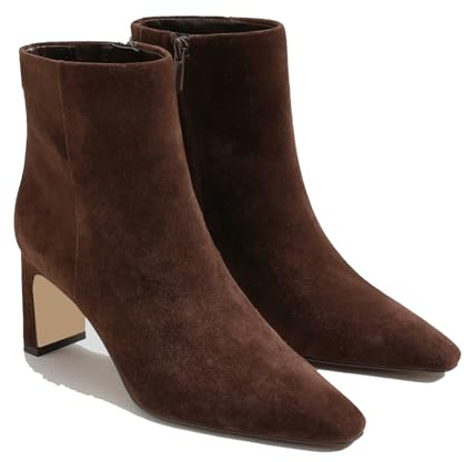 MICIFA Women's Ankle Boots Chunky Low Heel Suede Brown Booties with Side Zipper Square Toe Fall Winter Dress Heeled Short Boots Suede Brown