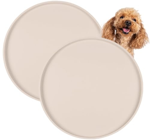 Tappetino Rotondo per Ciotole Cane 2 Pezzi, Tappetino in Silicone con Bordi Diametro 25 cm, Antiscivolo, Impermeabile e Facile da Pulire, Senza BPA, Base per Ciotole Cibo e Acqua – Beige