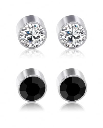 VAEIORP Boucles d'Oreilles Magnétiques Faux Piercing Sans Perçage Unisexe pour Hommes et Femmes Design Rond (Argent et Noir)