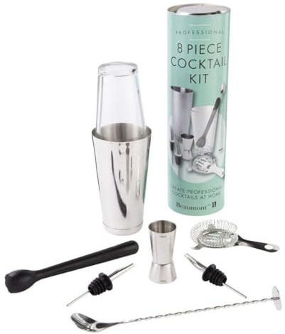 Beaumont 8‑Piece Cocktail Kit – Professional Stainless Steel Bartender Set with Boston Tin & Glass, Jigger, Strainer, Spoon, Muddler & Pourers – Complete Home Bar Cocktail Making Set