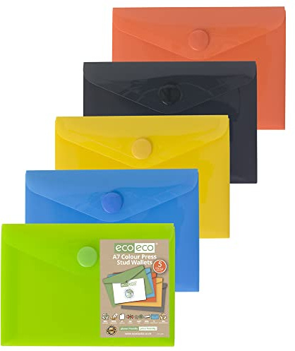 eco-eco A7 50% Recycled Assorted Colours Press Stud Popper Wallet, Plastic Folders (Pack of 5), 105mm x 74mm, eco077
