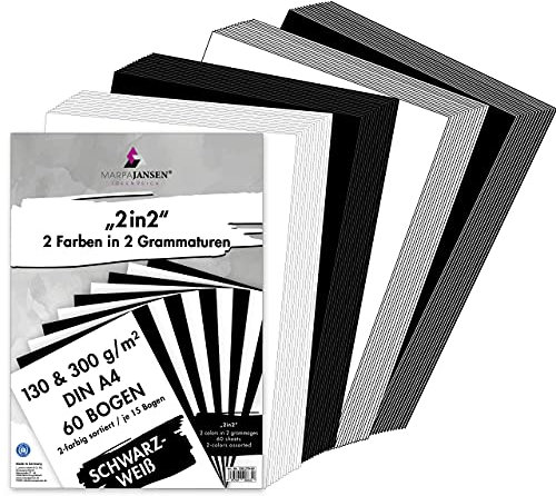 MarpaJansen 2in2, 60 Blatt, DINA4, Fotokarton 30 Blatt, 15 in Schwarz/15 in Weiß, 300g/qm, Tonzeichenpapier 30 Blatt, 15 in Schwarz/15 in Weiß, 130 g/qm