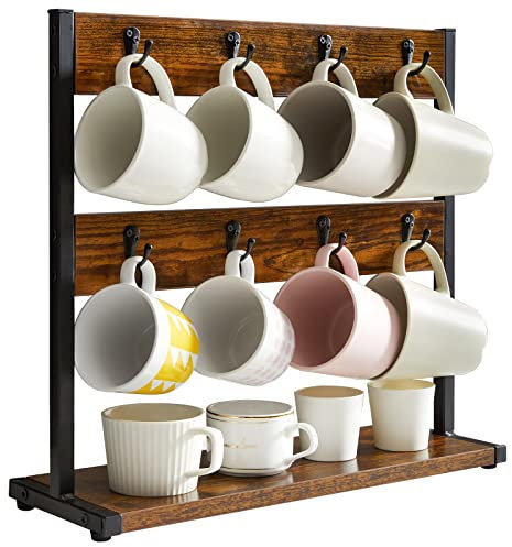 IBUYKE Vintage TBJ001H Porte-tasses avec 16 crochets pour comptoir de cuisine, porte-gobelet avec fond de rangement, pour cuisine, salle à manger, café, 43 x 15 x 40 cm, marron vintage TBJ001H