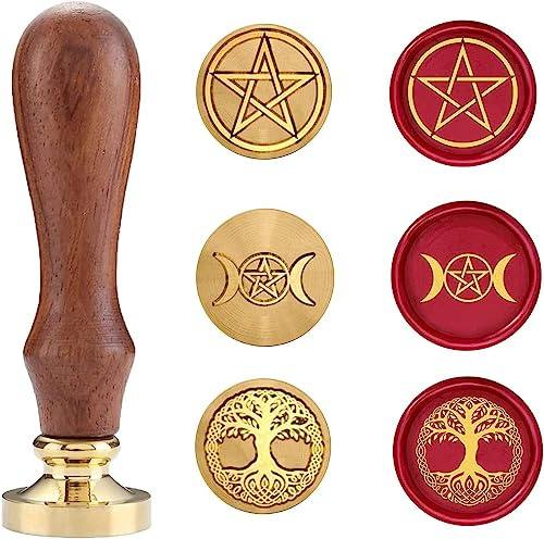 Vaxförsegling stämpel set, försegling vax frimärken koppartätningar med träbult, vintage retro wickan försegling vax stämpel (trippel måne och pentagram och livets träd)