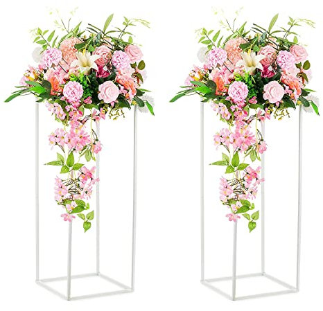 Warmiehomy 2 Pcs White Flower Stand, Rectangular Wedding Centrepieces for Tables, 80cm Tall Geometric Flower Plant Stand, Metal Vase for Wedding Table Party Living Room Birthday Decoration