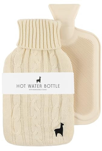 Nordstern Premium Wärmflasche mit weichem Strickbezug – Auslaufsichere Wärmeflasche zur Schmerzlinderung, Bettflasche aus Naturkautschuk für Kinder und Erwachsene - Beige