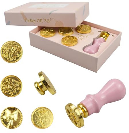 burkfeeg Wachssiegel Stempel Siegelwachs Set Siegelstempel 6 Stück Siegelwachsstempel Kupfersiegel + 1 Rosa Holzhilfe, Für Einladungskarten Briefumschläge Weinpakete