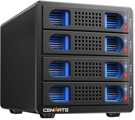 Hard Drive Enclosure, CENMATE 4 Bay RAID Enclosure with Fan for 2.5/3.5 SATA HDD/SSD, USB A/C 3.0＋eSATA Cable, 3.5 Hard Drive Enclosure Supports 80TB Capacity, 8 RAID Modes, DAS(NO NAS)