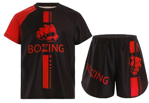 Sywiyi Jungen Muay Thai Boxen Kleidung Set Kinder Trainingsanzug Zweiteiler Sportanzug Shirt mit Shorts Kampfsport Thaiboxen Kleidung Rot 134-140