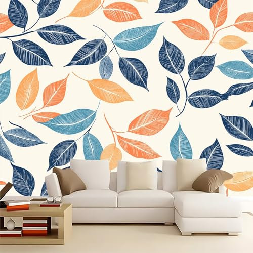 Papel tapiz no tejido Hojas Retro De Dibujos Animados Mural fotográfico Murales Arte de pared Papel tapiz moderno Azul Crema Papel tapiz no tejido 200 x 140 cm para sala de estar Dormitorio