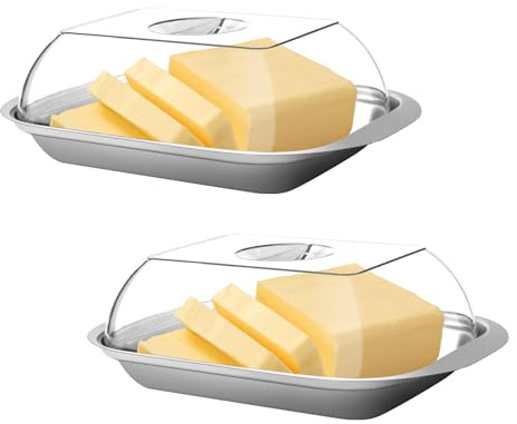 2 Stück Butterdose mit Transparentem Butterglocke, Butterdose Edelstahl, Lebensmittelqualität, 250g Kapazität, 17,8 x 11,1 x 5,5 cm, Langlebig Und Leicht Zu Reinigen