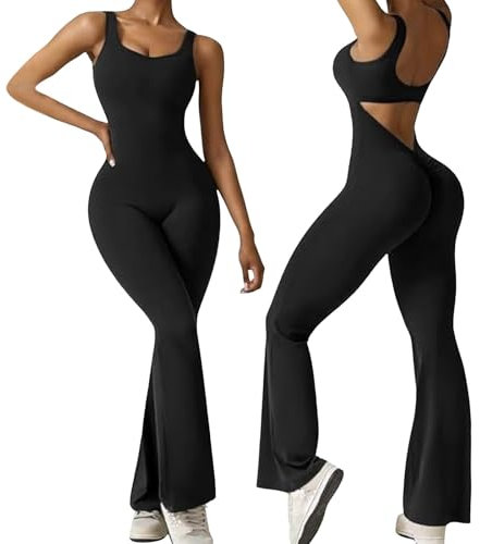Generisch Damen Jumpsuit Flared Eng Scrunch Butt Bodysuit Lang Yoga Ärmellos Overall Sport Rückenfrei Einteiler Playsuits
