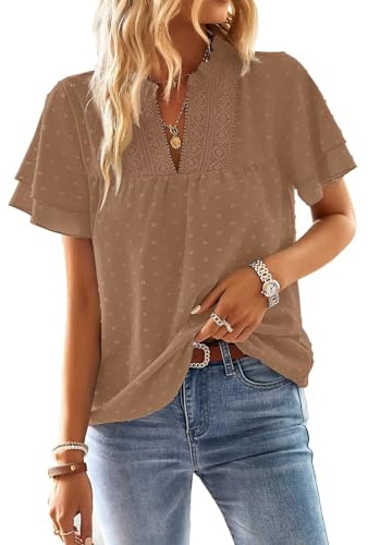 TUUHAW Blouse Femme T-Shirts à Manches Courtes Femme Été Chemisier Chic et Élégant Volants Col V Chemise Bohème Top Plissé Fluide Lâches Vintage Hauts Couleur Uni Habillé Tunique Marron Clair L