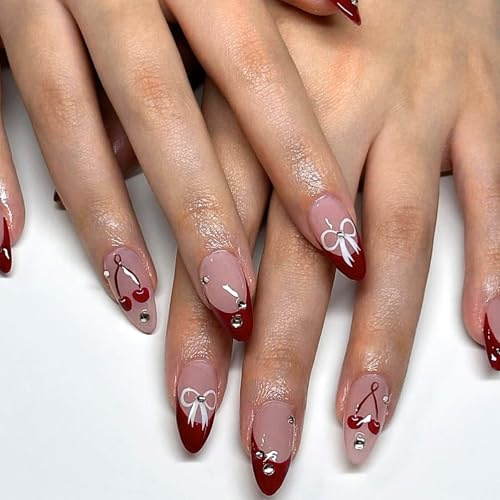 Dark Red French Tip False Nails - Red Press on Nails Almond with Bow Cherry Diamond - Glossy Acrylic Fake Nails with Glue - Removable Stick on Nails for Women Girls