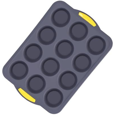 Lawnoval Moule à muffins 12 trous en silicone avec cadre en acier inoxydable, plaque de cuisson sans cupcakes, gris, 352 x 245 x 3 cm, four et lave-vaisselle