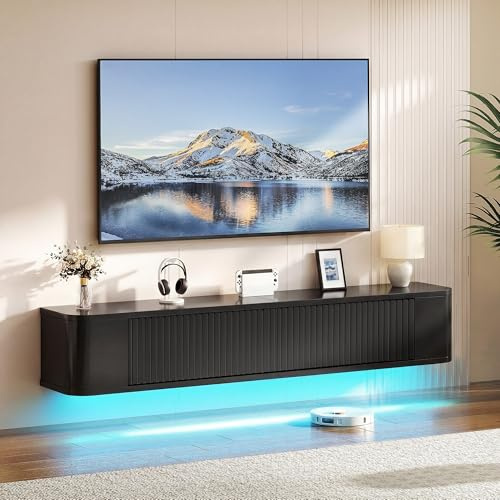 YITAHOME 140cm Floating TV Stand, Wall Mounted TV Shelves With RGB Led Light, Black High Gloss TV Media Console, Floating TV Cabinet Large Storage For Living Room and Bedroom