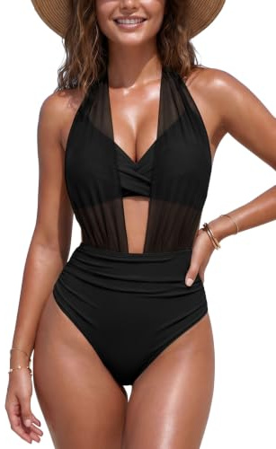 SHEKINI Womens High Waisted Bikini Sets Mesh Halter Tummy Control Swimsuit