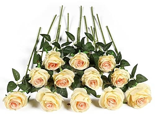 Kisflower 12 Pezzi Rose Fiori Artificiali Realistici Fiori a Stelo Singolo Bouquet di Rose di Seta per Decorazioni per la Casa di Nozze (Champagne)