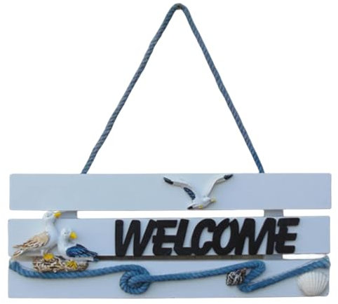 Panneau de bienvenue en bois 28 x 11 cm, plaque à suspendre Welcome en style marin pour décoration, extérieur pour jardin, véranda, maison